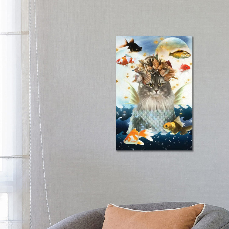 Maturi Siberian Cat Mermaid and Goldfish Wrapped Canvas Graphic Art